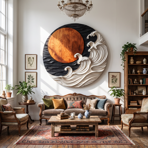 Round Wall Art Solid Wood with Sculptural Ocean Waves and Rising Sun for Home Decor