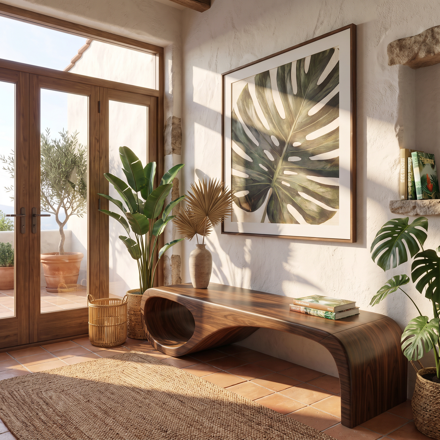 Organic Wood Bench with Sculptural Loop Base for Modern Mediterranean Interiors