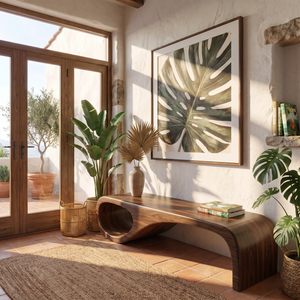 Organic Wood Bench with Sculptural Loop Base for Modern Mediterranean Interiors