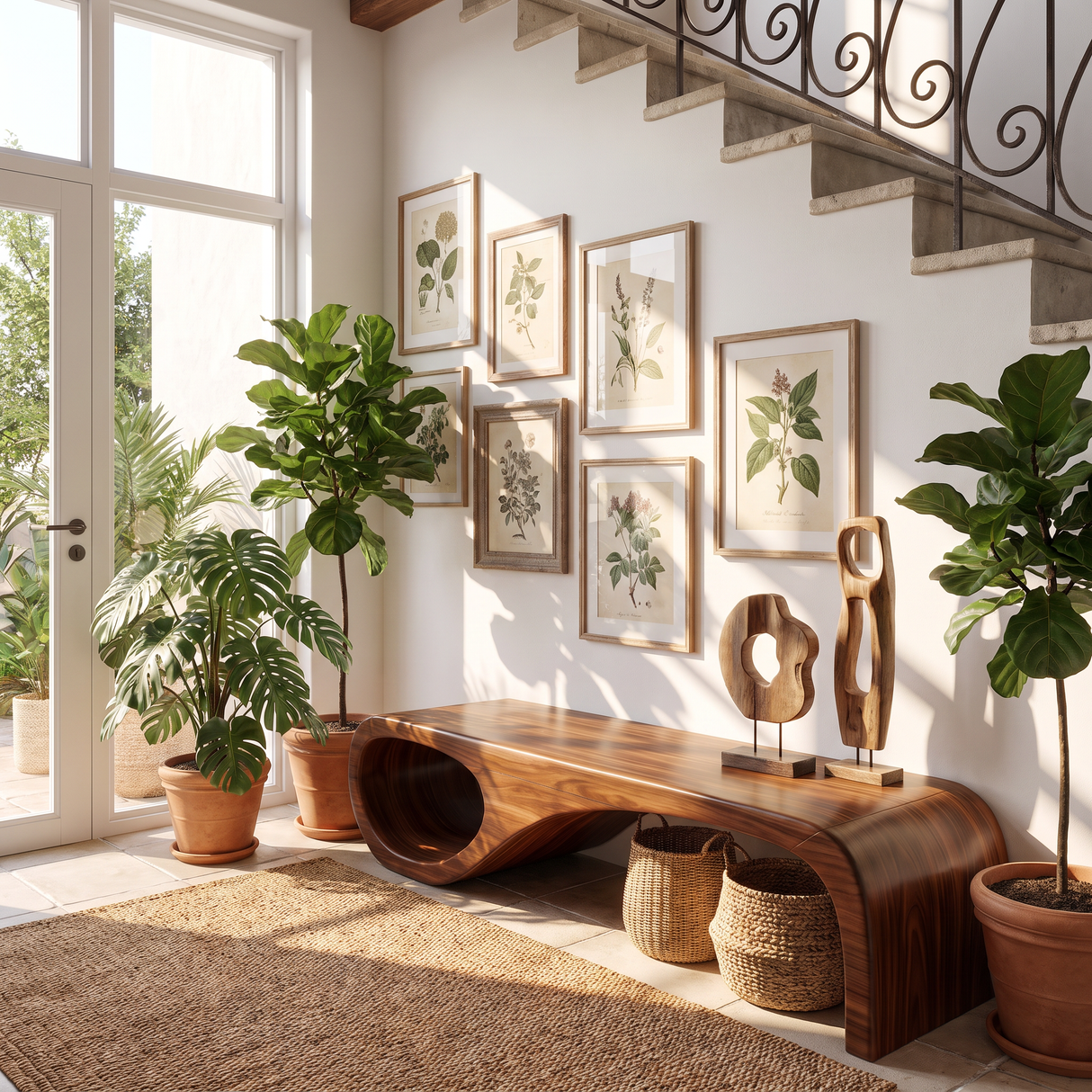 Organic Wood Bench with Sculptural Loop Base for Modern Mediterranean Interiors