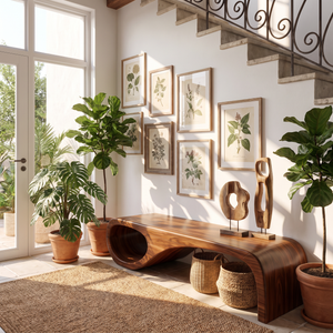 Organic Wood Bench with Sculptural Loop Base for Modern Mediterranean Interiors