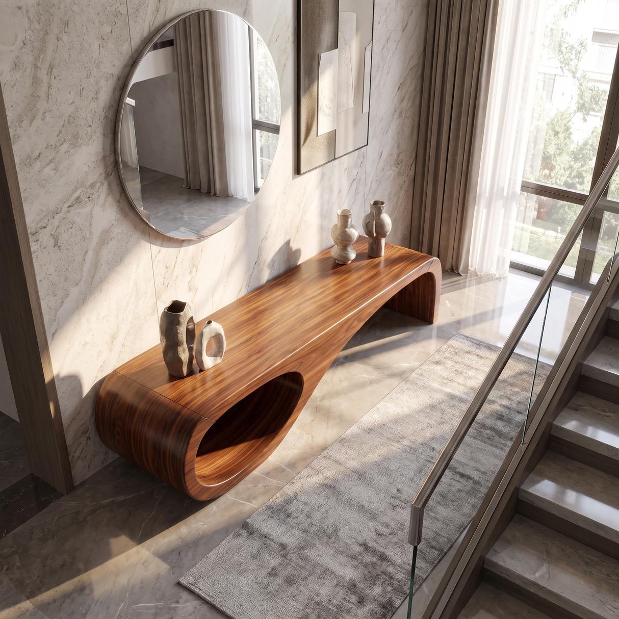 Organic Wood Bench with Sculptural Loop Base for Modern Mediterranean Interiors