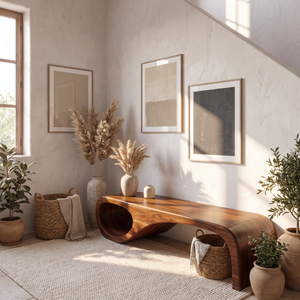 Organic Wood Bench with Sculptural Loop Base for Modern Mediterranean Interiors