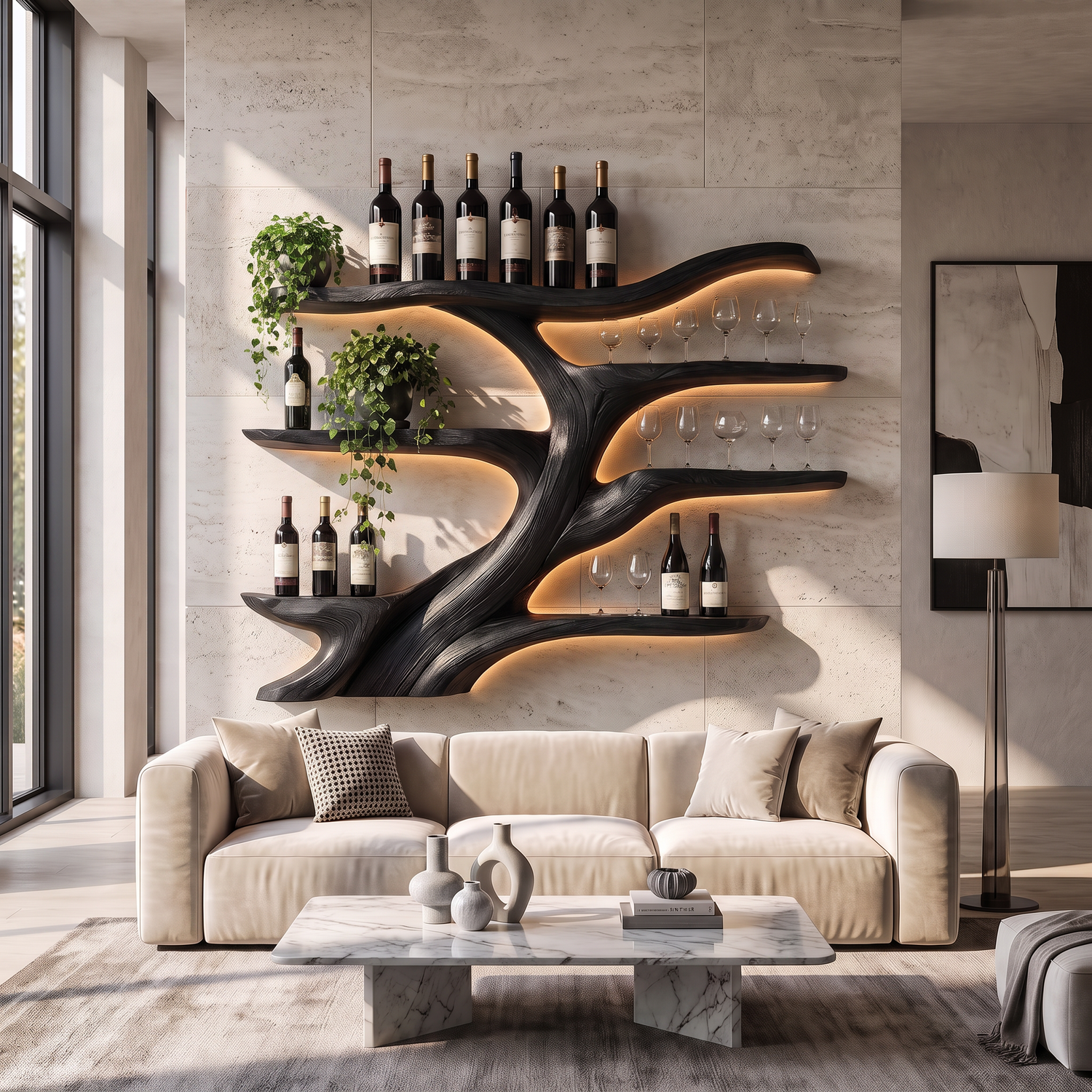 Wall-Mounted Wine Rack Solid Wood with Sculptural Organic Form and Display Shelves