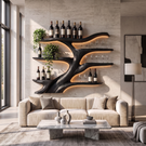 Wall-Mounted Wine Rack Solid Wood with Sculptural Organic Form and Display Shelves