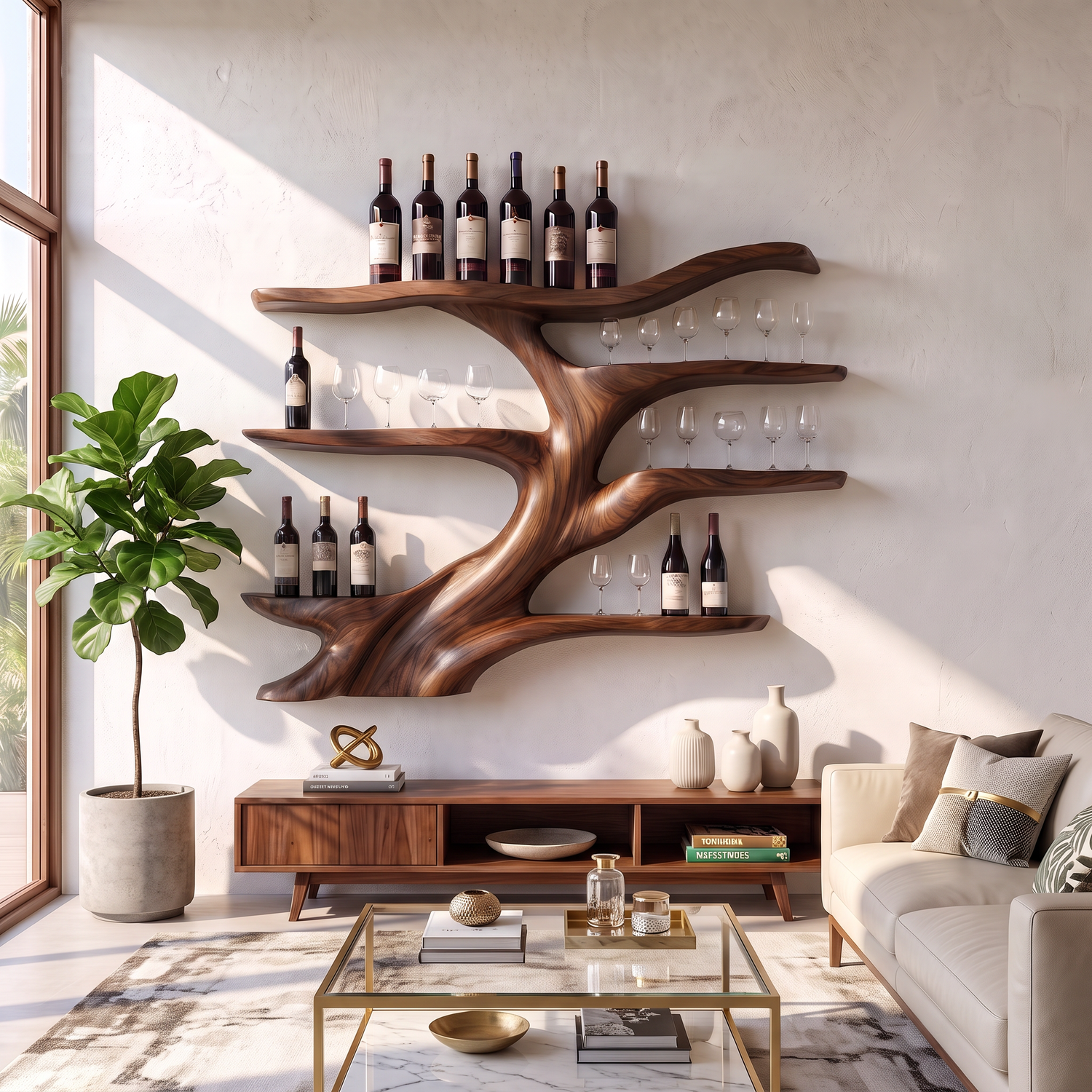 Wall-Mounted Wine Rack Solid Wood with Sculptural Organic Form and Display Shelves