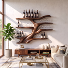 Wall-Mounted Wine Rack Solid Wood with Sculptural Organic Form and Display Shelves