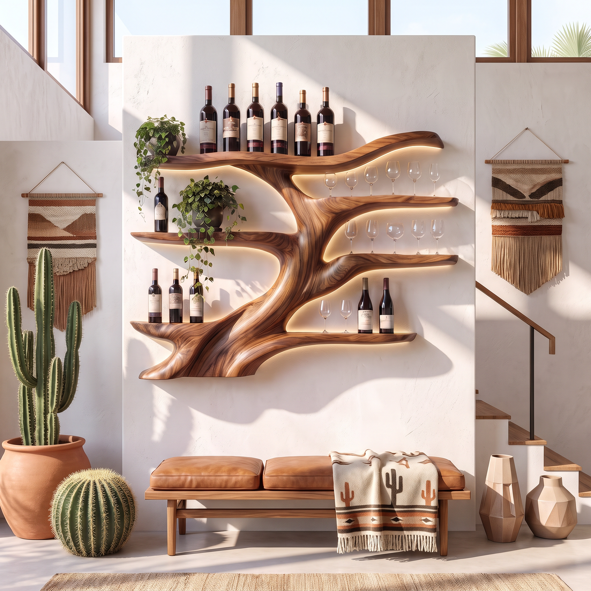 Wall-Mounted Wine Rack Solid Wood with Sculptural Organic Form and Display Shelves