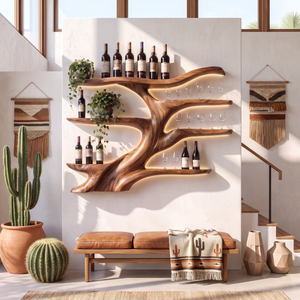Wall-Mounted Wine Rack Solid Wood with Sculptural Organic Form and Display Shelves