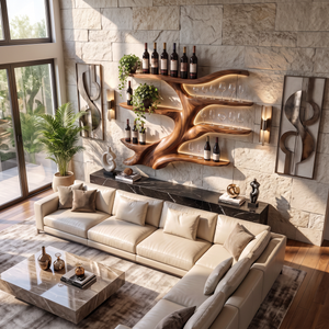 Wall-Mounted Wine Rack Solid Wood with Sculptural Organic Form and Display Shelves