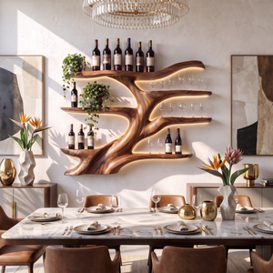 Wall-Mounted Wine Rack Solid Wood with Sculptural Organic Form and Display Shelves