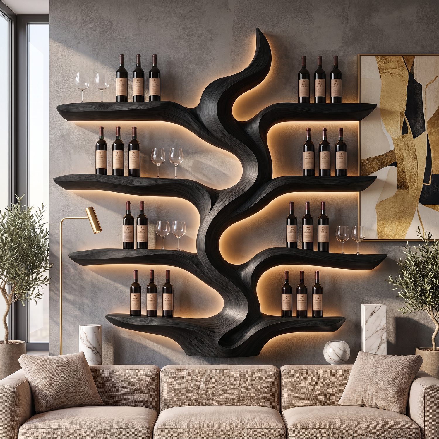 Wine Rack Solid Wood with Sculptural Flowing Form and Display Shelves