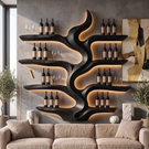 Wine Rack Solid Wood with Sculptural Flowing Form and Display Shelves