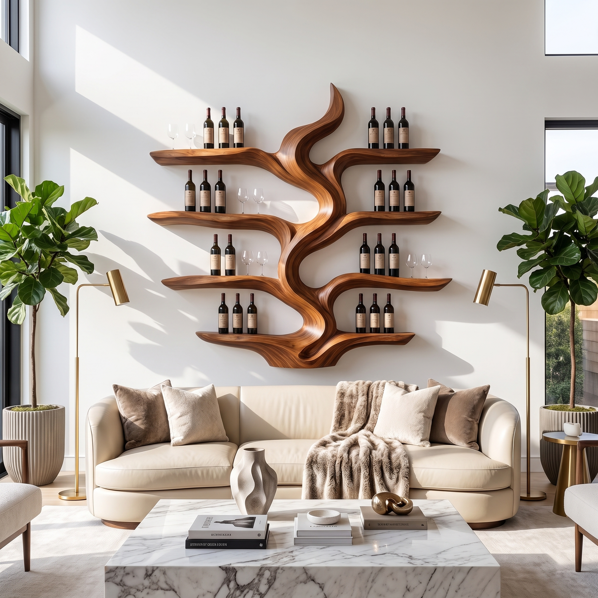 Wine Rack Solid Wood with Sculptural Flowing Form and Display Shelves