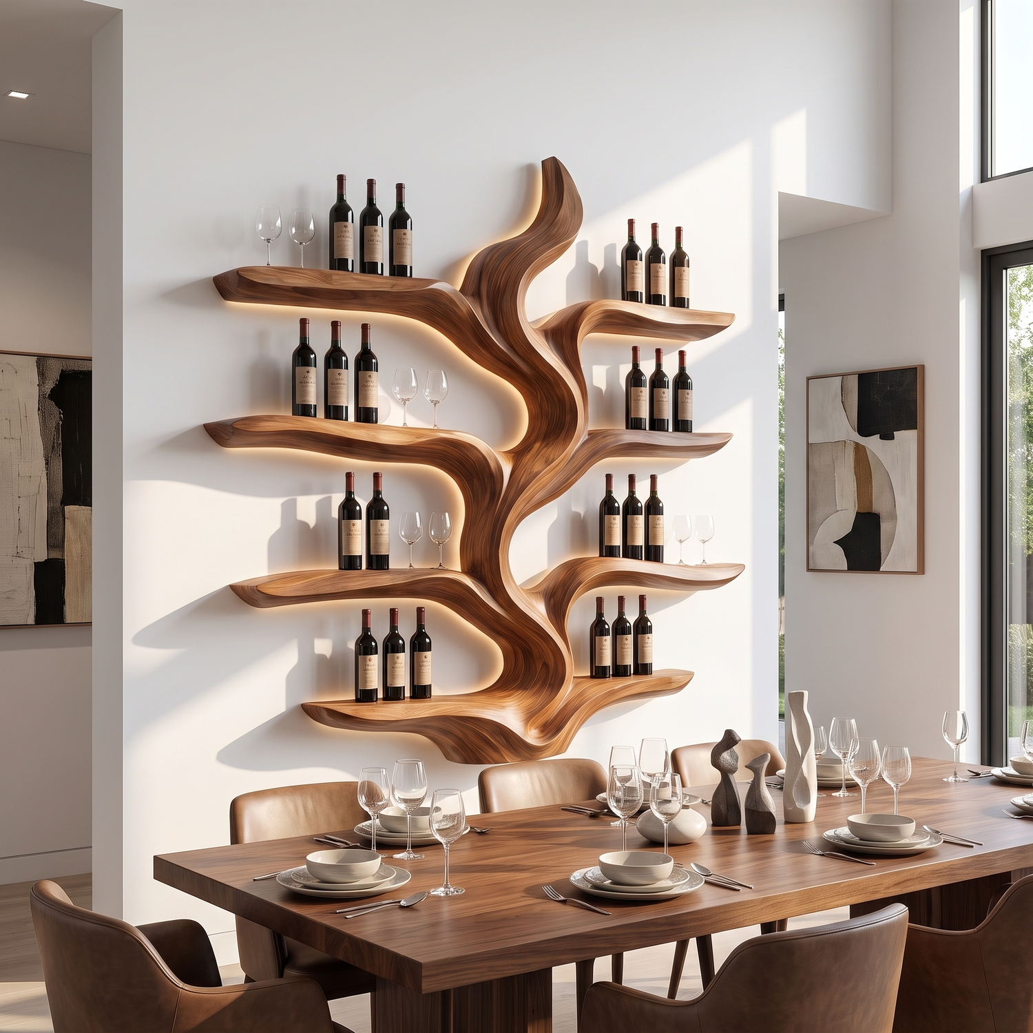 Wine Rack Solid Wood with Sculptural Flowing Form and Display Shelves