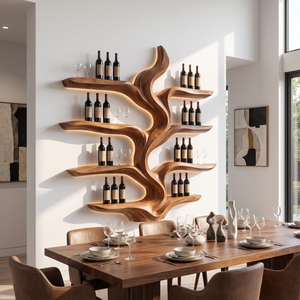 Wine Rack Solid Wood with Sculptural Flowing Form and Display Shelves