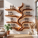 Wine Rack Solid Wood with Sculptural Flowing Form and Display Shelves