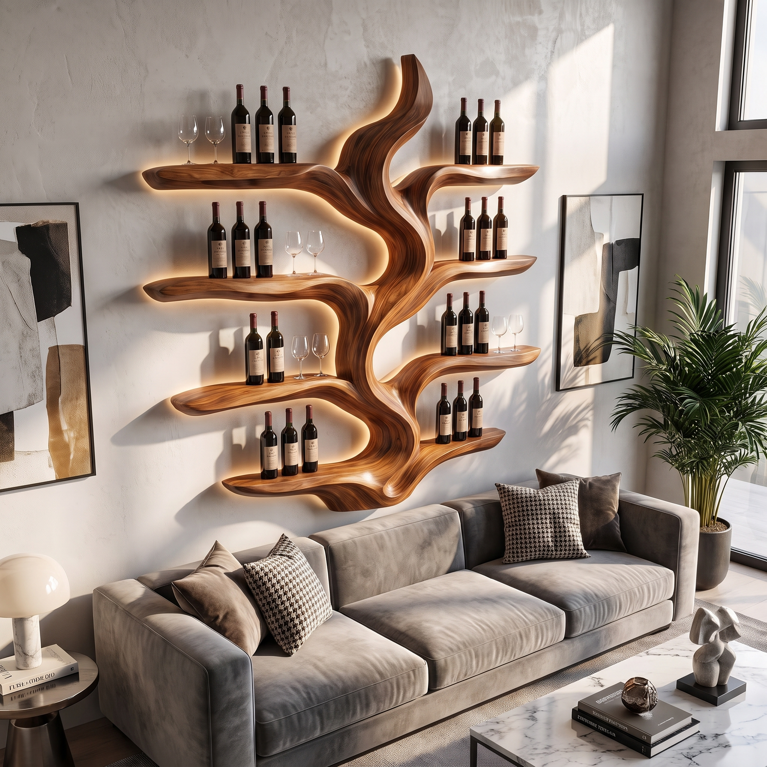 Wine Rack Solid Wood with Sculptural Flowing Form and Display Shelves