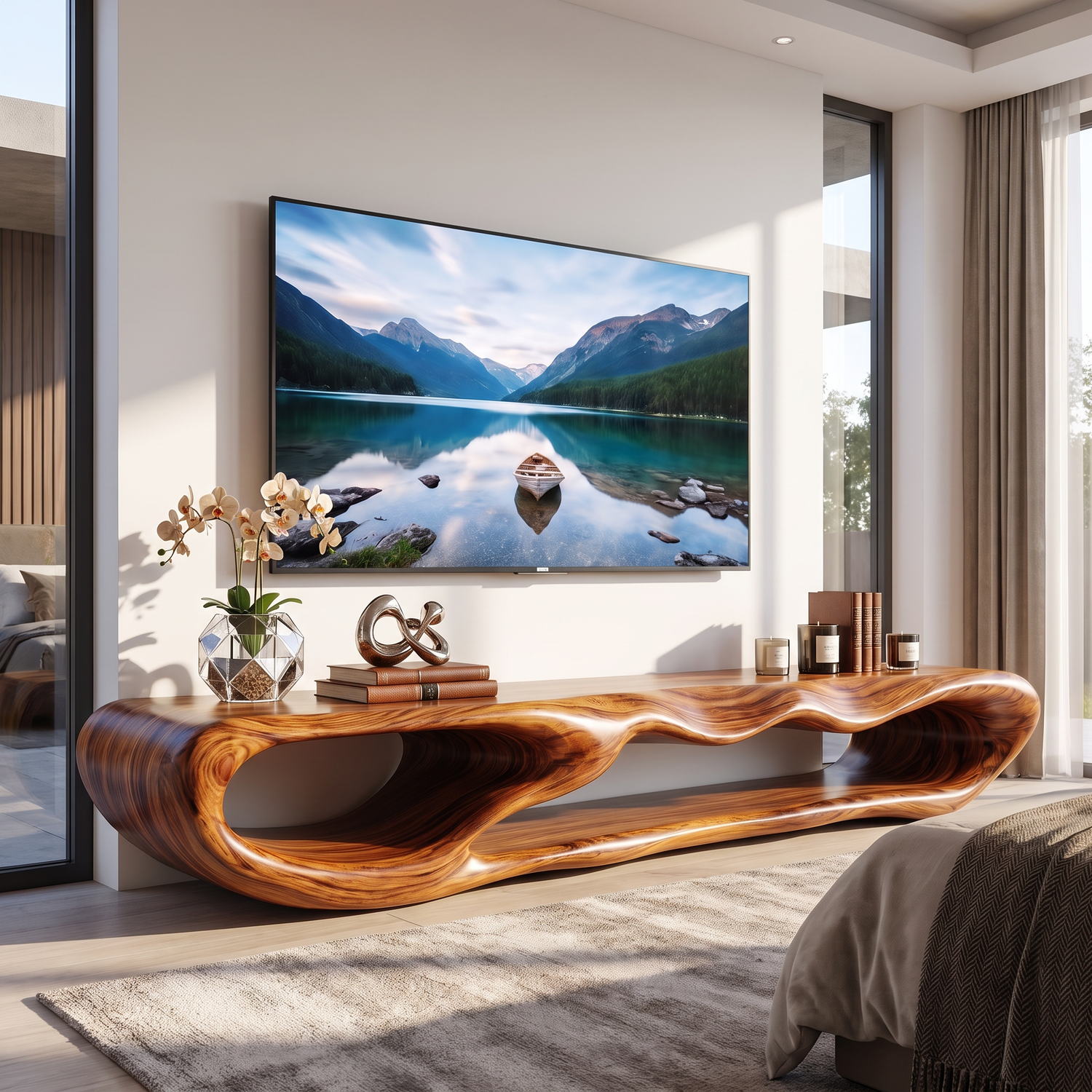 TV Console Solid Wood with Sculptural Double Loop Base for Living Room Decor