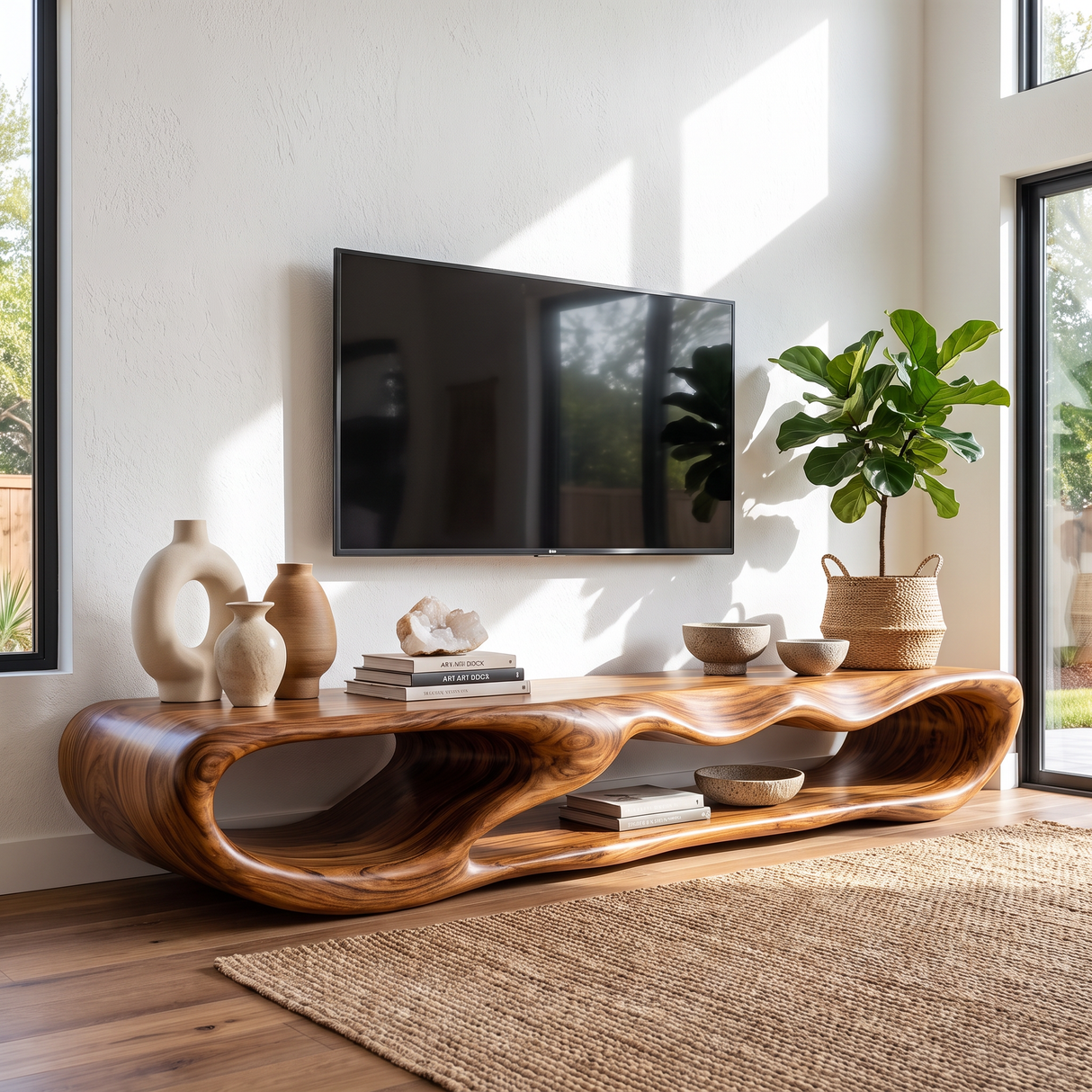 TV Console Solid Wood with Sculptural Double Loop Base for Living Room Decor