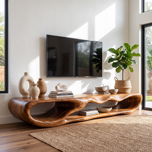 TV Console Solid Wood with Sculptural Double Loop Base for Living Room Decor