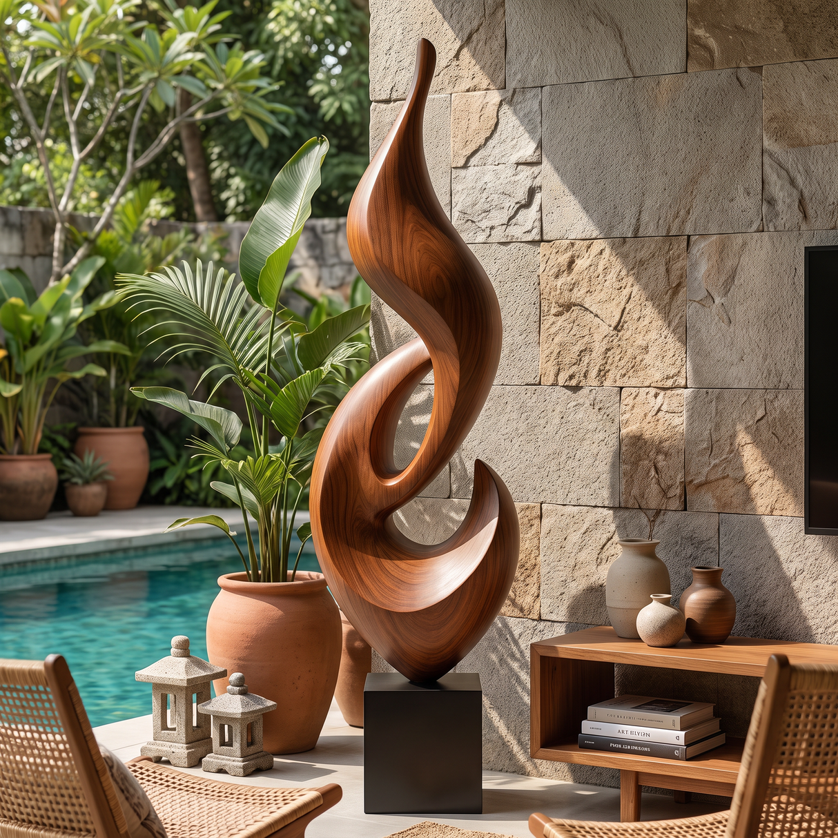 Tall Solid Wood Abstract Flame Floor Sculpture with Plinth for Modern Interiors