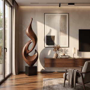 Tall Solid Wood Abstract Flame Floor Sculpture with Plinth for Modern Interiors