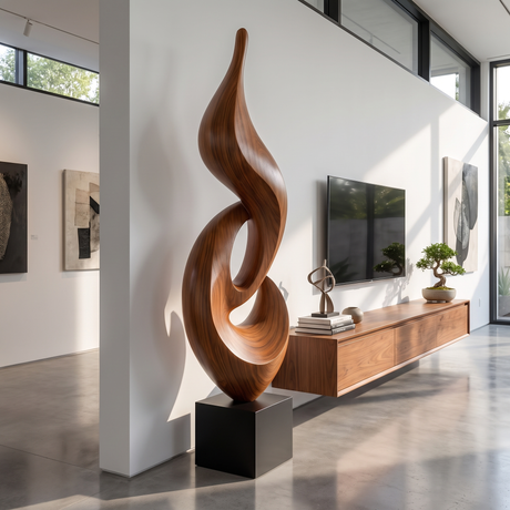 Tall Solid Wood Abstract Flame Floor Sculpture with Plinth for Modern Interiors