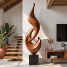Tall Solid Wood Abstract Flame Floor Sculpture with Plinth for Modern Interiors