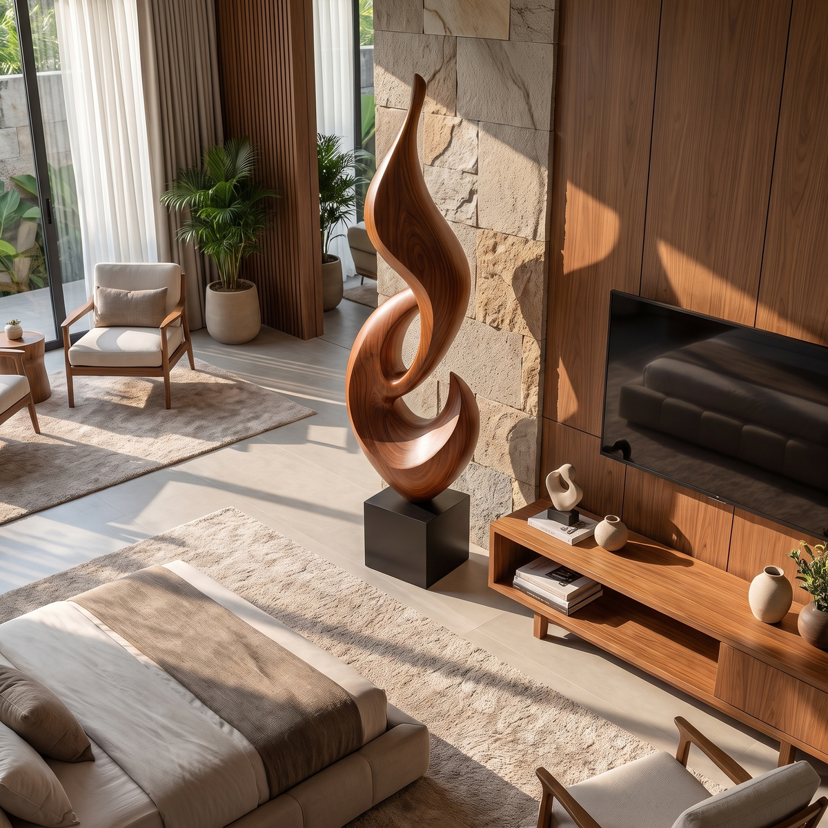 Tall Solid Wood Abstract Flame Floor Sculpture with Plinth for Modern Interiors
