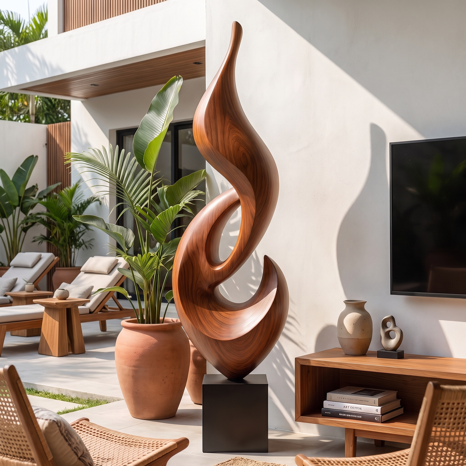 Tall Solid Wood Abstract Flame Floor Sculpture with Plinth for Modern Interiors