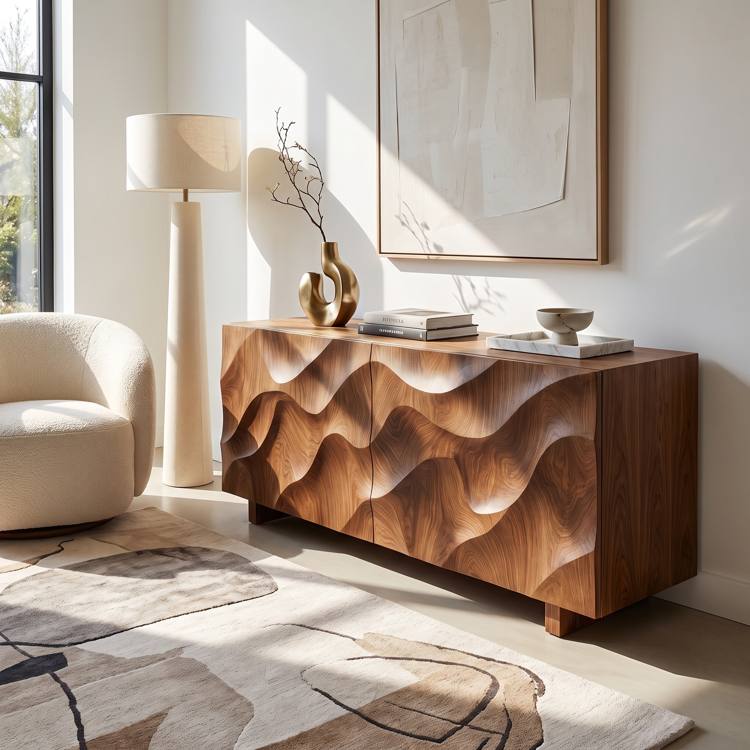 Sideboard Solid Wood with Sculptural Ripple Carved Front
