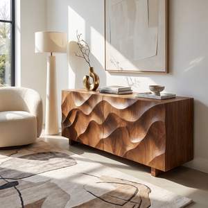 Sideboard Solid Wood with Sculptural Ripple Carved Front