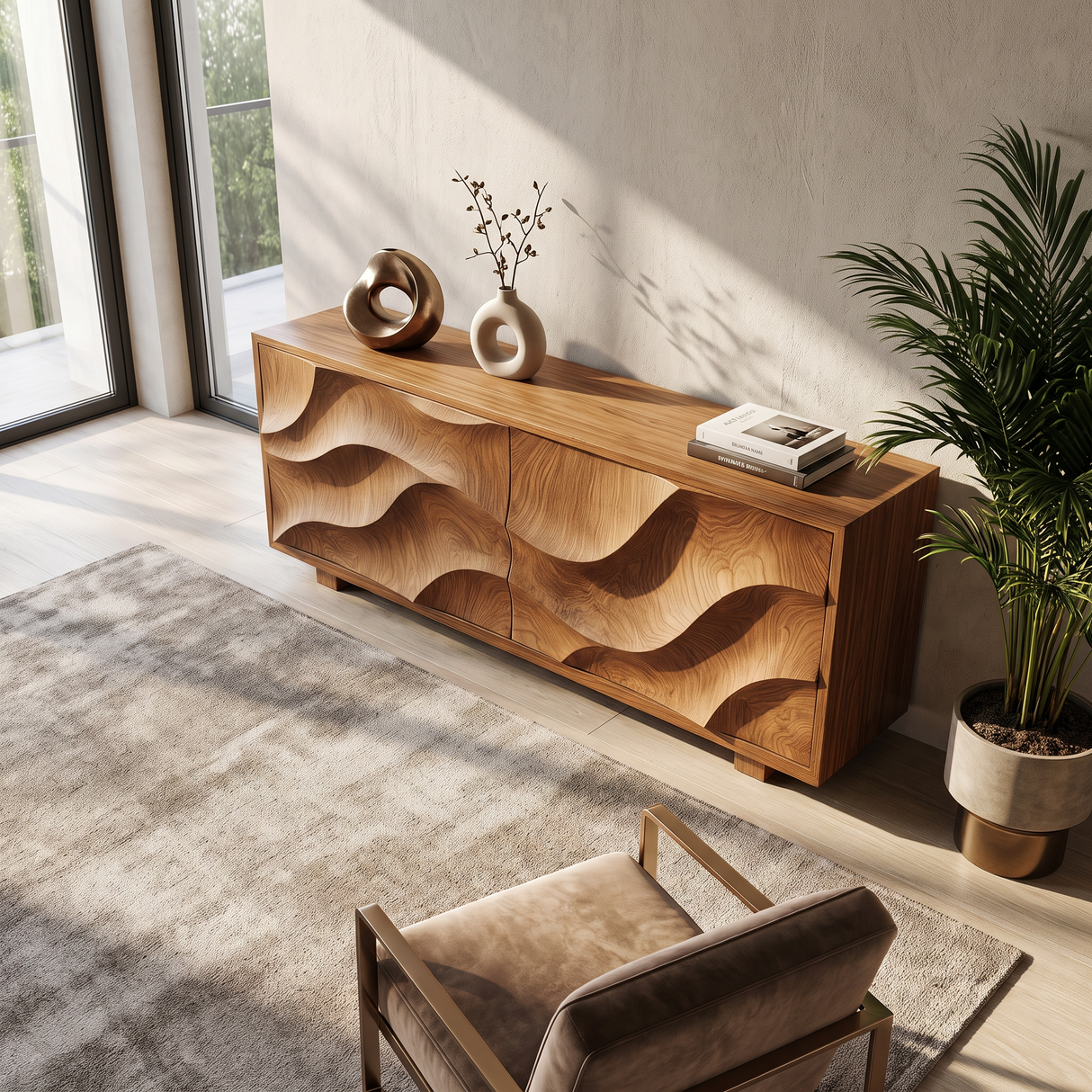 Sideboard Solid Wood with Sculptural Flowing Relief Doors for Living Room Decor