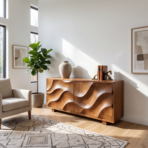 Sideboard Solid Wood with Sculptural Flowing Relief Doors for Living Room Decor