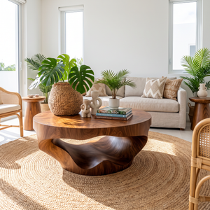 Coffee Table Solid Wood with Sculptural Crescent Wave Base