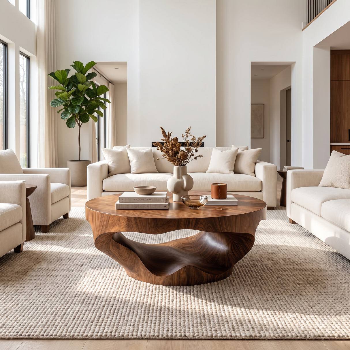 Coffee Table Solid Wood with Sculptural Crescent Wave Base
