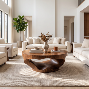Coffee Table Solid Wood with Sculptural Crescent Wave Base