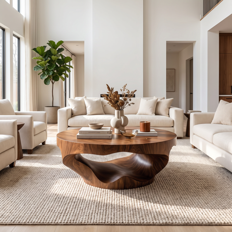 Coffee Table Solid Wood with Sculptural Crescent Wave Base