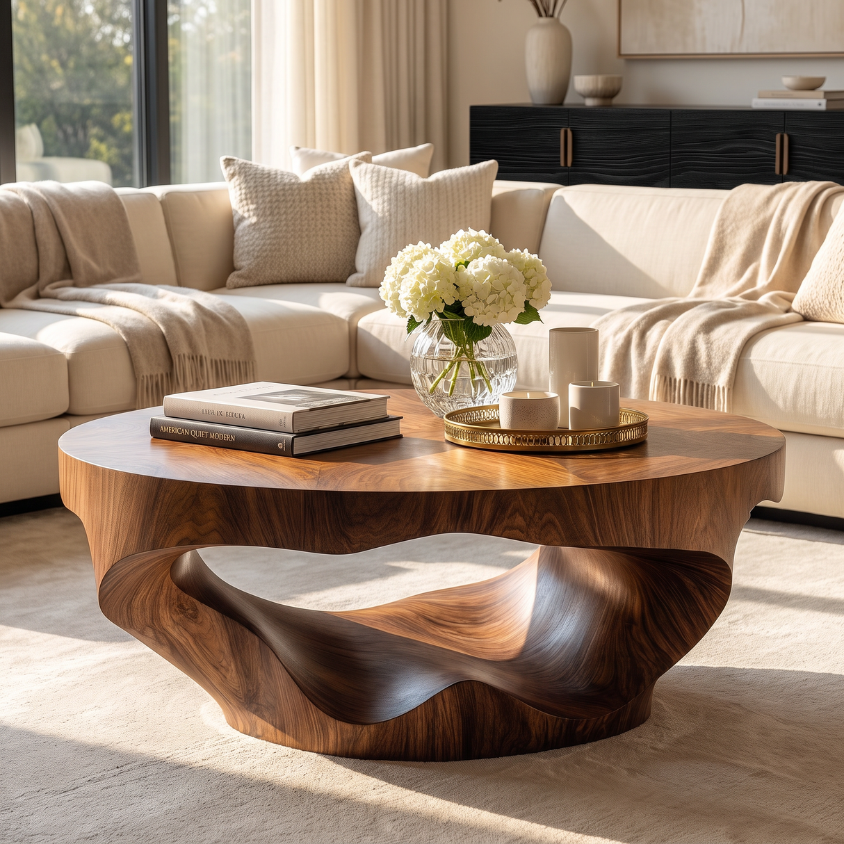 Coffee Table Solid Wood with Sculptural Crescent Wave Base