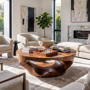 Coffee Table Solid Wood with Sculptural Crescent Wave Base