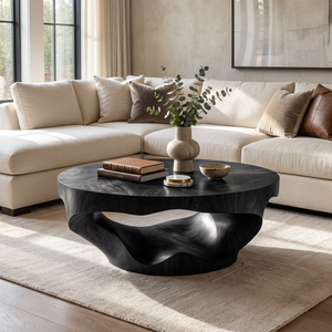 Coffee Table Solid Wood with Sculptural Crescent Wave Base