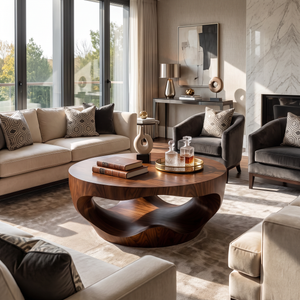Coffee Table Solid Wood with Sculptural Hollow Bowl Base