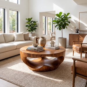 Coffee Table Solid Wood with Sculptural Hollow Bowl Base