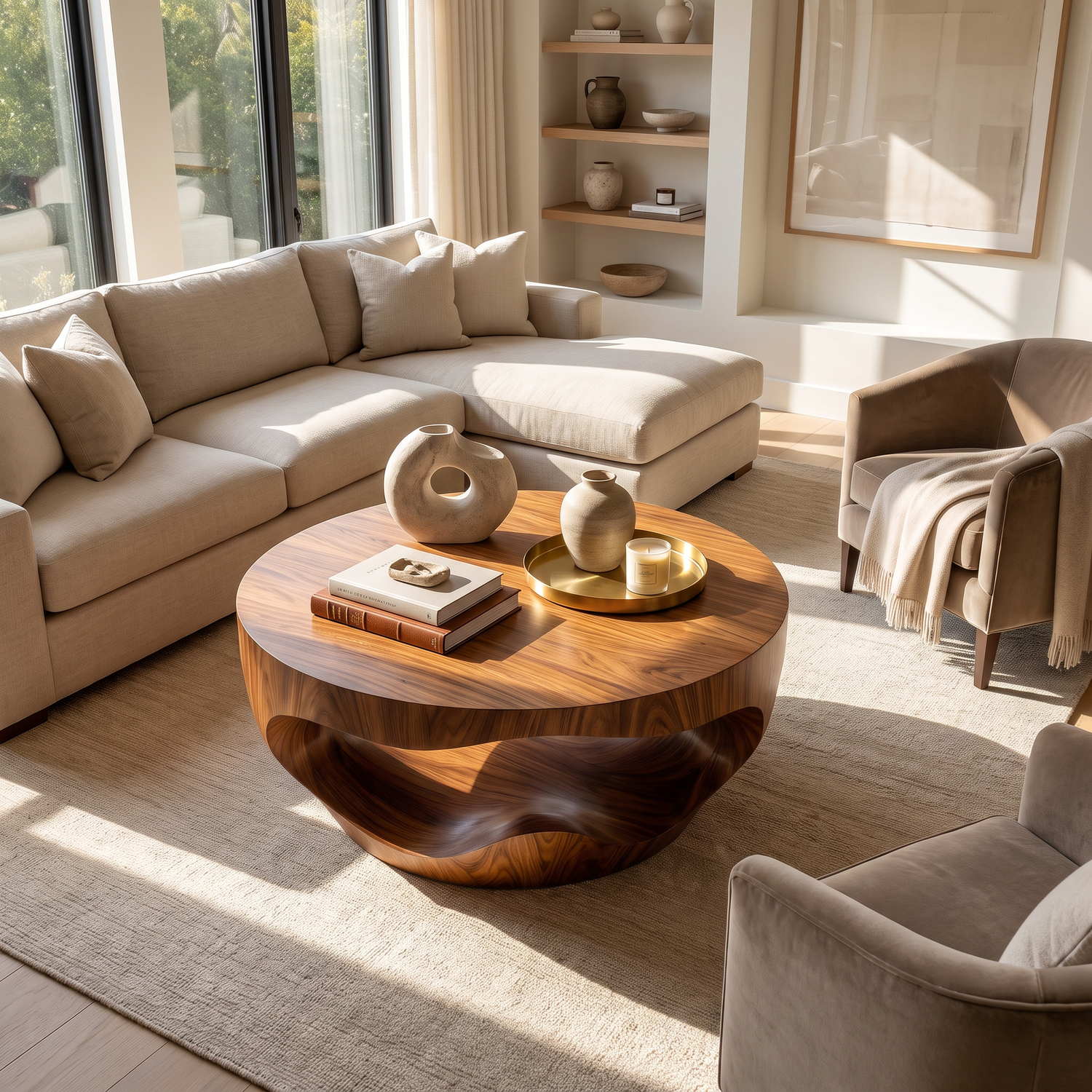 Coffee Table Solid Wood with Sculptural Hollow Bowl Base