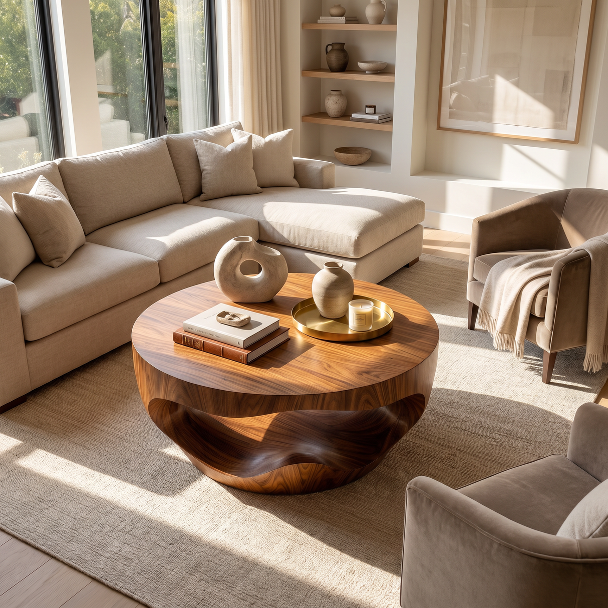 Coffee Table Solid Wood with Sculptural Hollow Bowl Base