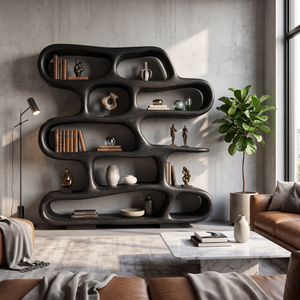 Bookshelf Solid Wood with Sculptural Freeform Loop Shelves for Living Room Display