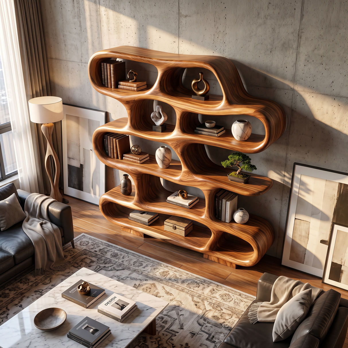 Bookshelf Solid Wood with Sculptural Freeform Loop Shelves for Living Room Display