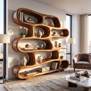 Bookshelf Solid Wood with Sculptural Freeform Loop Shelves for Living Room Display