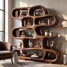 Bookshelf Solid Wood with Sculptural Freeform Loop Shelves for Living Room Display
